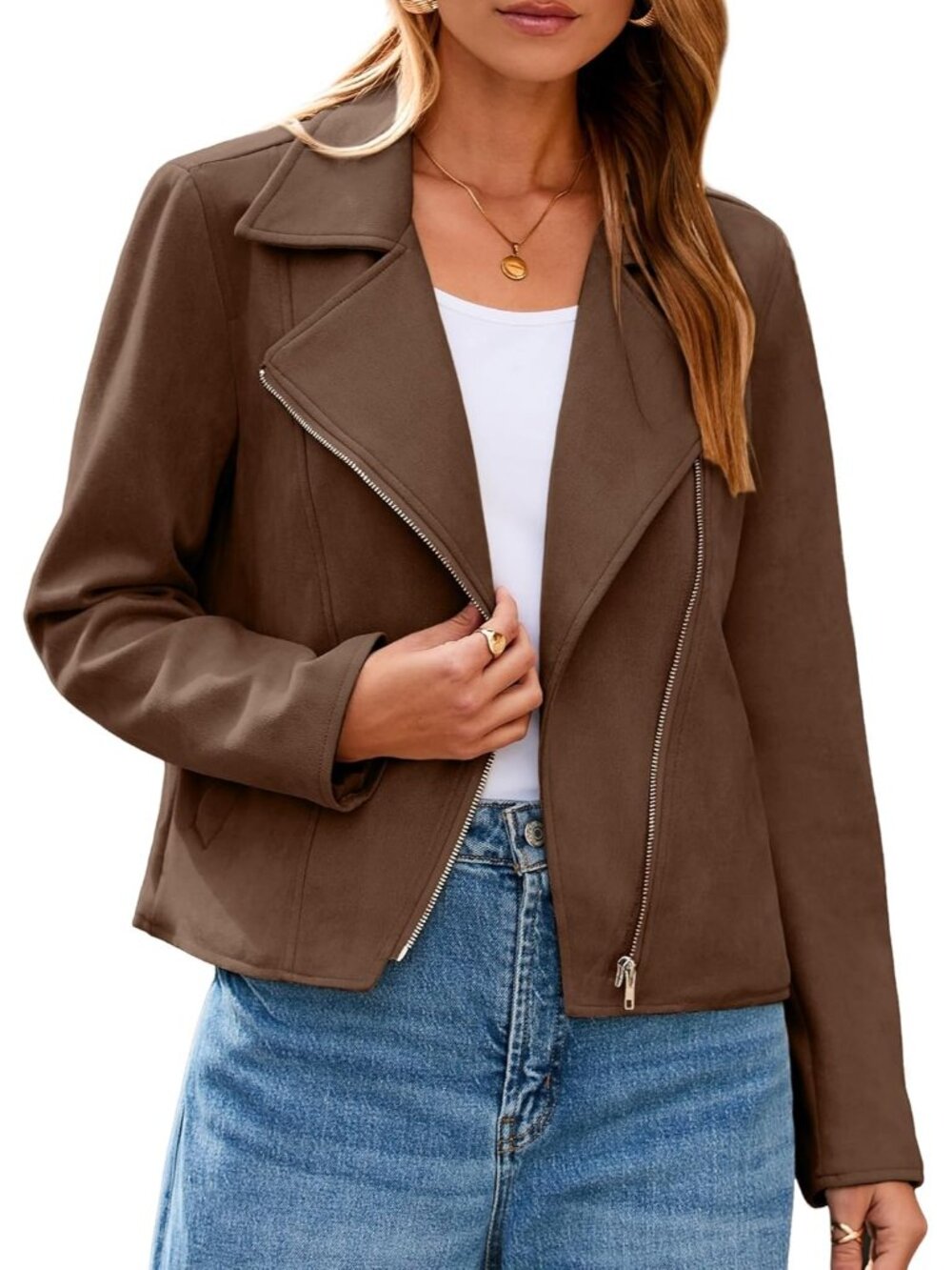 Women's Brown Long Sleeve Faux Suede Cropped Zipper Outfits Jackets